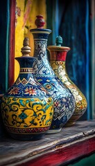 Colorful decorative ceramic jars arranged on a rustic wooden surface.