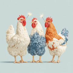 Fototapeta premium Three colorful chickens adorned with sparklers celebrate a festive occasion in a playful and artistic display