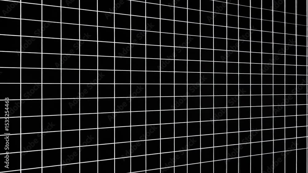 Poster a black background features a grid pattern of thin white lines forming uniform squares