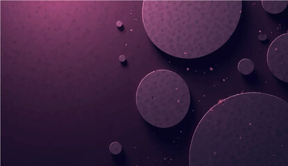 abstract dark purple background with large overlapping circular shapes and small textured bubbles or particles. Smooth gradient lighting from left to right, with subtle grainy details.