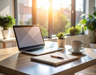 Minimalist remote work setup showing laptop, coffee, and productivity tools. Modern and clean home office environment.