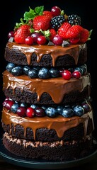 Delicious multi-layered chocolate cake decorated with fresh berries.