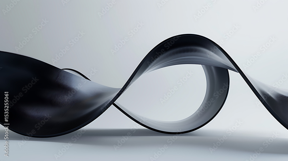 Leinwandbilder A black ribbon gracefully curves and loops against a soft white background, creating an abstract and modern design with smooth, flowing lines and elegant shadows