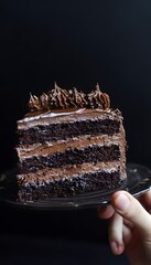 Chocolate layer cake slice with rich frosting.
