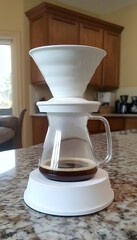 White ceramic pour-over coffee dripper with glass carafe and a circular stand.