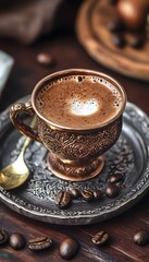 Copper coffee cup with rich coffee and coffee beans on a dark wooden surface.