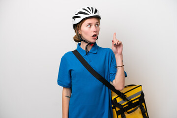 Young English woman with thermal backpack isolated on white background thinking an idea pointing the finger up