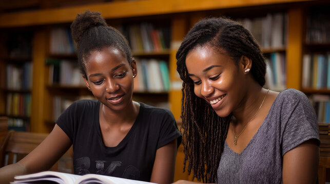 Female African students reading together in a library, surrounded by books and quiet study space. Black African children from disadvantaged families study in school, read books, receive primar