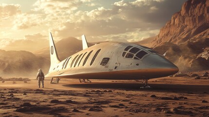 Fototapeta premium Futuristic Spacecraft on a Martian Landscape with Astronaut Exploring a Distant Planet at Sunset