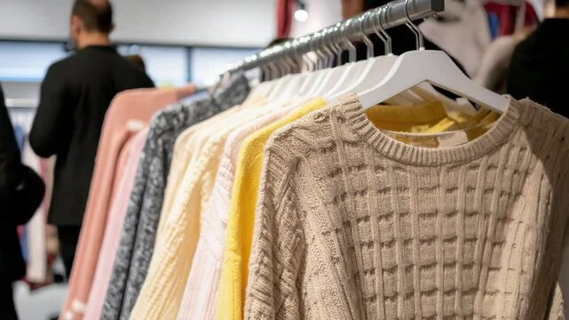 Warm knitted sweaters hanging on clothing rack in fashion store.
