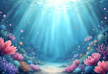 Magical Underwater Coral Reef Background
A dreamy underwater scene featuring vibrant coral reefs, soft sunlight rays filtering through the ocean surface, and colorful sea plants