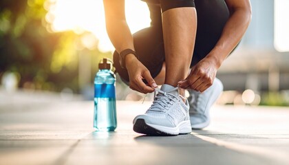 Healthy lifestyle morning workout showing jogging, stretching, hydration, and fitness prep. No faces visible, natural background.