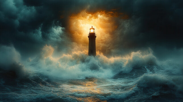 Beacon of light in a violent sea storm, waves smashing against lighthouse 