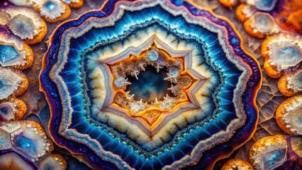Detailed close-up of a geode with crystalline structures and kaleidoscope-like patterns, showcasing the inner beauty of gemstones , close-up photography, mineralogy