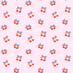 Retro Coquette 4th of July Cherries Bow Seamless Pattern Girly America Red White Blue Minimal Wallpaper Isolated on Background