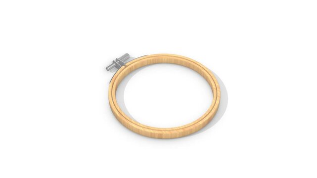 Wooden Embroidery Hoop on a White Floor. Cross Stitch Hoop 3D Animation. 4K
