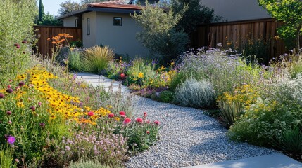 Fototapeta premium Lush and Vibrant Garden Pathway Surrounded by Colorful Flowers and Greenery in a Serene Outdoor Setting Perfect for Relaxation and Nature Enthusiasts