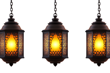 A set of three hanging lanterns with an Arabic design, each containing two glowing lights on the top and bottom 