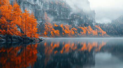 golden autumn trees on rocky cliff mirrored in calm lake water, peaceful fall landscape 