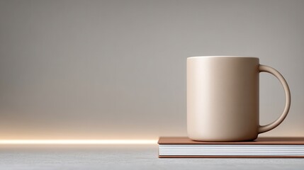 A minimalist beige mug sits on top of a closed book with a neutral gray background, evoking calm and simplicity.