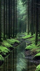 Tranquil forest stream lined with mossy banks.