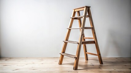Traditional wooden stepladder with rungs and feet against a plain white background, showcasing its rustic design and functionality , wooden stepladder, isolated background