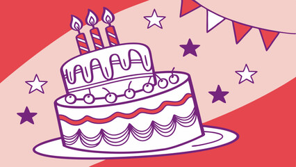 Happy birthday cake with candles illustration  on for celebration and party design Vector illustration pink red background