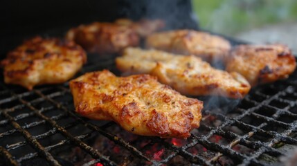 A Close-Up of Grilled Chicken Breasts on a Barbecue Grill