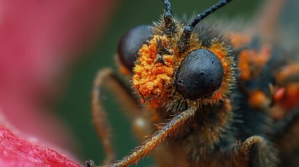 Close-up of a vibrant insect with orange hues on its head, set against a blurred green background