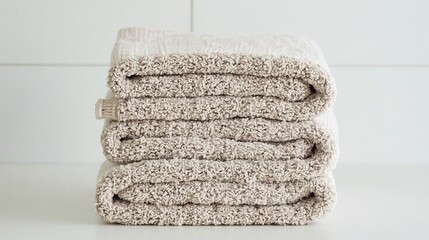 A stack of plush, textured beige bath towels neatly folded on a pristine white countertop