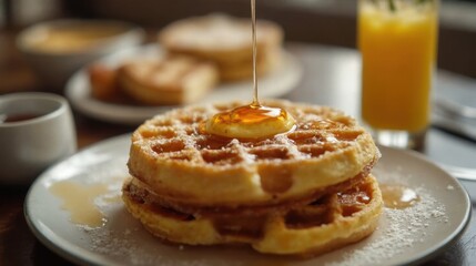 Syrup drizzles onto freshly made waffles on a rustic wooden table, ready to be savored with a glass of orange juice in the background