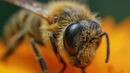 Close-up of a bee's face on vibrant orange petals, highlighting its intricate facial features and delicate wing structure