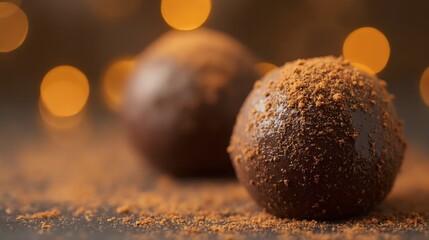 a close-up of two glossy, textured chocolate balls on a bed of cocoa powder, with bokeh lights softly blurred in the background