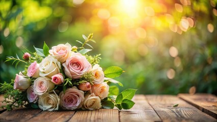 A delicate, hand-painted rose bouquet on a wooden table amidst lush greenery and soft lighting, symbolizing appreciation for nature's beauty , thanks, floral arrangement
