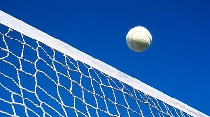 Tennis ball in flight, approaching a net.