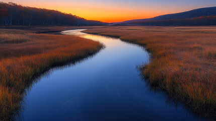 Obraz premium Still river winding through autumn marsh at sunset, mirrored sky 