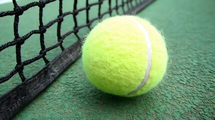 Close-up of a tennis ball near a tennis net.