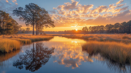 Fototapeta premium golden autumn trees on rocky cliff mirrored in calm lake water, peaceful fall landscape 