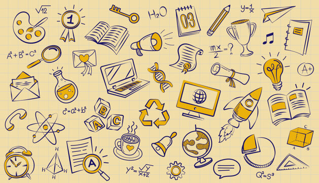 A charming collection of hand-drawn doodle icons based on school and education themes. This versatile illustration set features symbols of science, art, tech, and achievement.