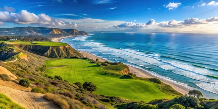 Panoramic ocean view from Torrey Pines golf course with rolling green hills and turquoise sea in La Jolla