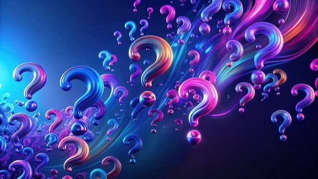 Colorful abstract question marks floating on a deep blue gradient background with swirling patterns of purple and pink hues, abstract art, gradient effect