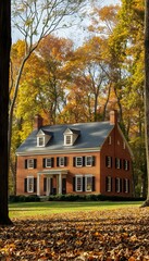 Brick house with autumn leaves on the lawn.
