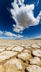 Dried, cracked earth under a vast, cloud-filled sky.