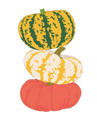 Flat-style illustration of three stacked colorful pumpkins. Great for Thanksgiving, seasonal decorations, fall harvest events, and digital or print graphics