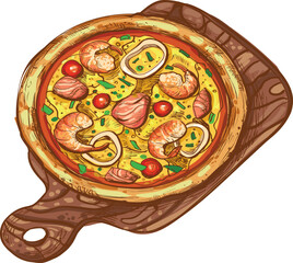 Seafood Pizza Sketch: Hand-drawn seafood pizza with shrimp, squid, and tomato topping on a wooden board.