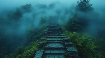 Mountain trail of aged stone steps fading into mist 