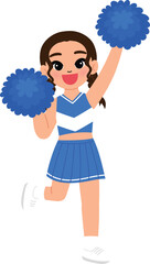 cute girl in cheerleading blue uniform, smile cheerleader dance and jump, cheerful support sport game, smile cheerleader girl with pom-pom entertain and cheering competition sport day