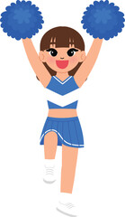cute girl in cheerleading blue uniform, smile cheerleader dance and jump, cheerful support sport game, smile cheerleader girl with pom-pom entertain and cheering competition sport day