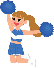 cute girl in cheerleading blue uniform, smile cheerleader dance and jump, cheerful support sport game, smile cheerleader girl with pom-pom entertain and cheering competition sport day