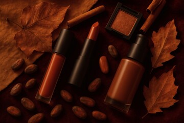 Autumn Makeup Flat Lay with Warm Tones Cocoa Beans Leaves and Cinnamon on Velvet Background